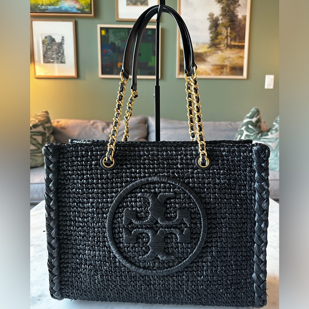 Tory Burch Ella Raffia Tote - Black - NWT
